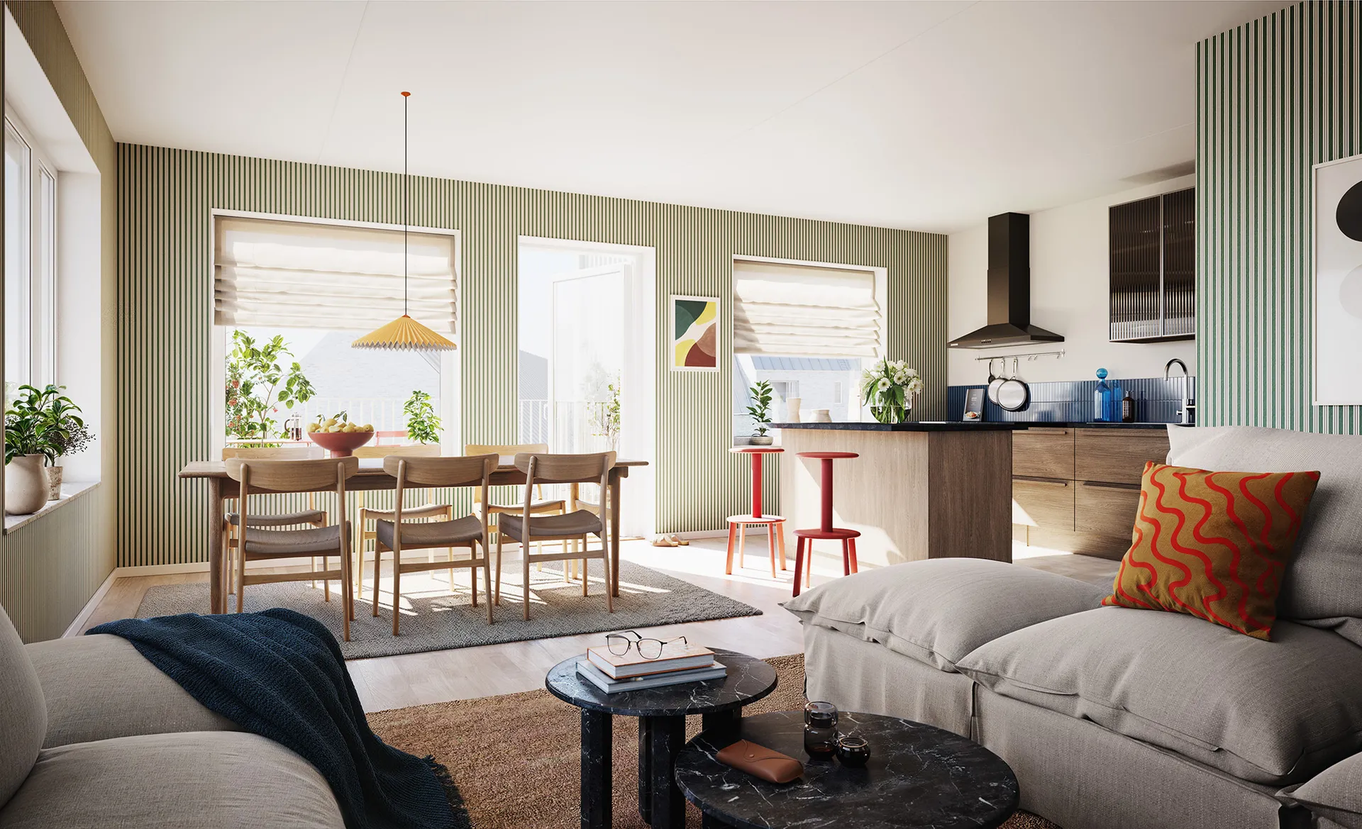 Cederhuset vardagsrum med balkong