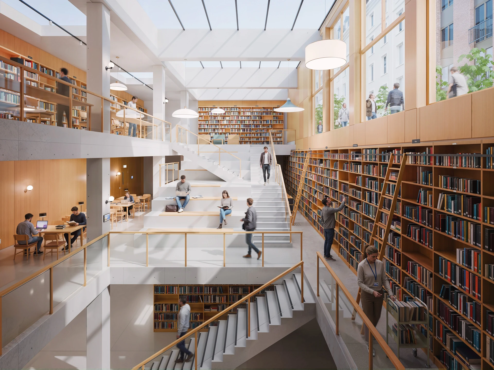 Bibliotek i flera våningsplan med bokhyllor i trä, breda trappor och dagsljus från stora glaspartier