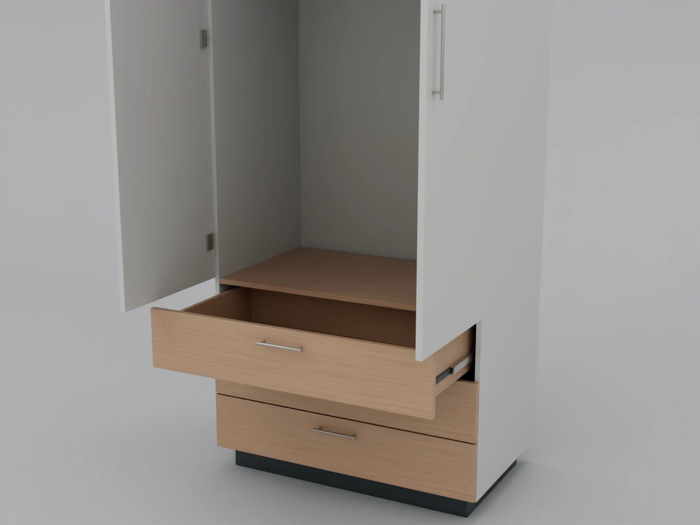 A closer view of the drawer, wooden fronts and handles.