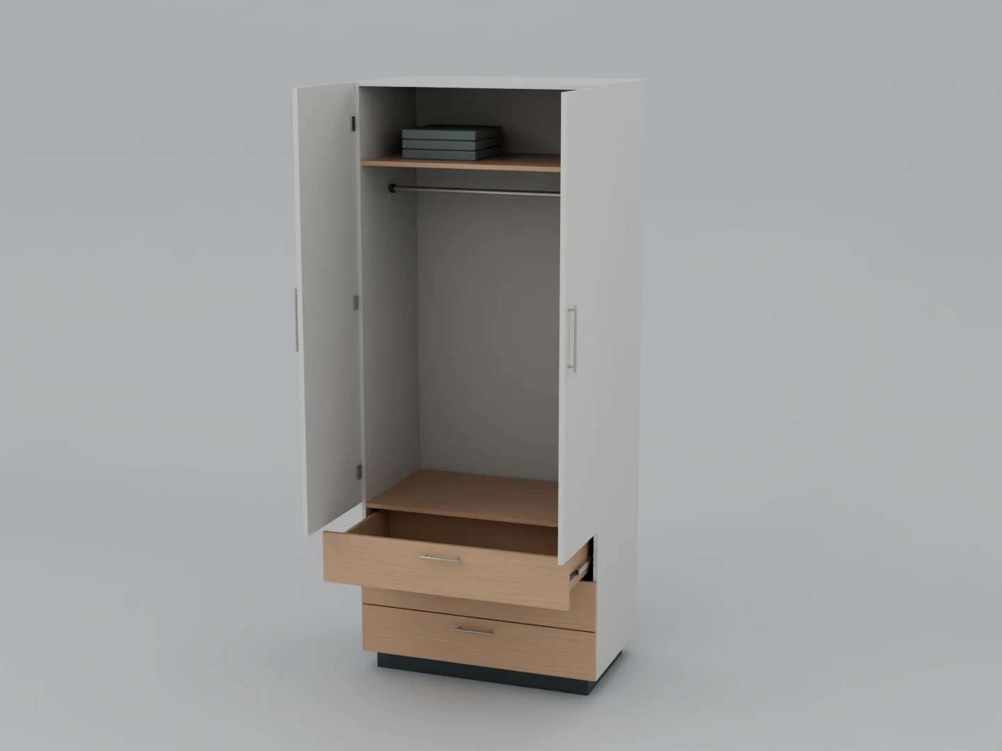 The wardrobe with open doors and an extended drawer.
